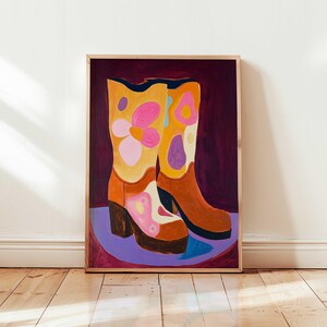 Retro Cowboy Boots Print | Western Wall Art | Colorful Vintage Country Decor | Boho Cowgirl Aesthetic Poster | Whimsical Rodeo Art Print