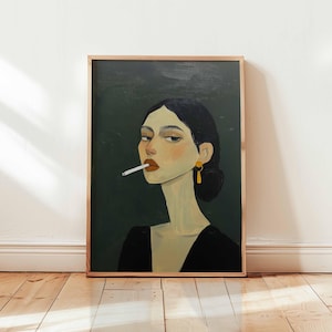 Impresión de retrato femenino oscuro / Arte de moda vanguardista / Decoración de pared ecléctica / Arte minimalista de personas / Impresión de mujer fumando / Póster abstracto de personas