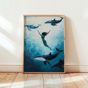 Woman Swimming with Whales | Ocean Art | Surreal Underwater Art | Modern Ocean Wall Art | Colorful Marine Life Painting Modern Whale Art