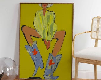 Modern Cowgirl Wall Art | Bold Western Woman Print | Colorful Fashion Figurative Artwork | Playful Statement Decor