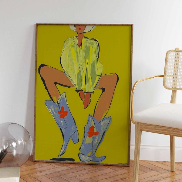 Modern Cowgirl Wall Art | Bold Western Woman Print | Colorful Fashion Figurative Artwork | Playful Statement Decor