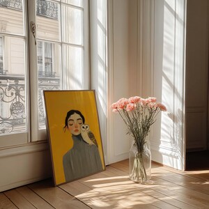 Owl and Woman Wall Art Print | Mustard Yellow Portrait Poster | Whimsical Folk Art Print | Eclectic Room Decor | Bird Lover Gift image 6
