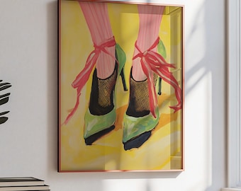 Preppy Dorm Decor Trendy Pink and Orange Wall Art Set Aesthetic College Dorm Posters Maximalist Eclectic Wall Prints Whimsical Shoe Art
