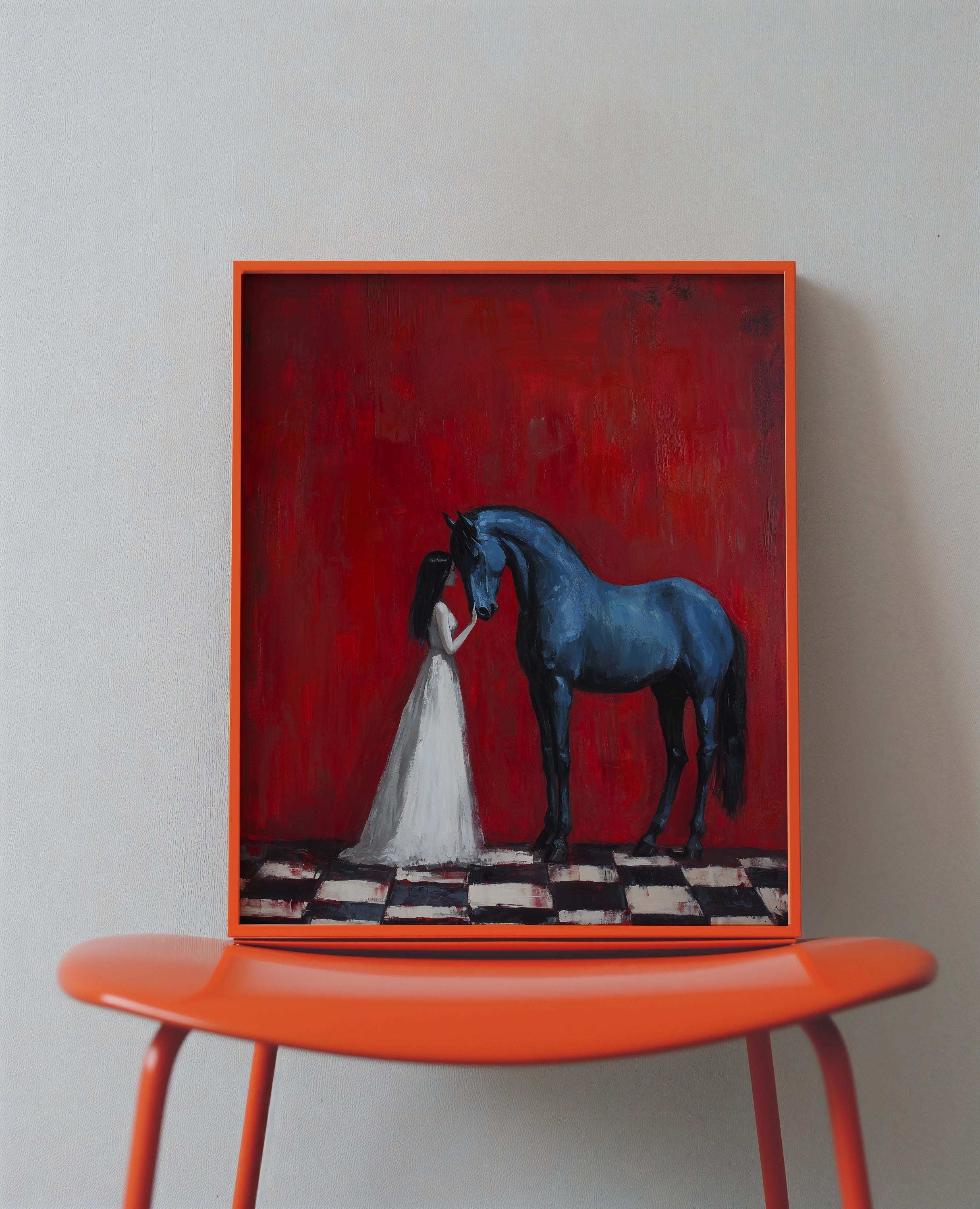 Blue Horse and Girl Art Print | Surreal Modern Wall Art | Bold Red ...