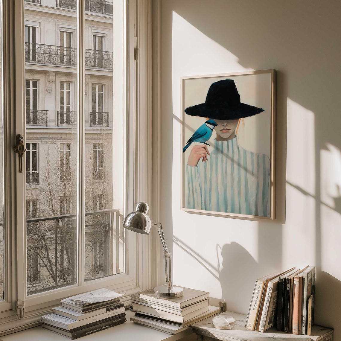 Surrealist Woman Portrait Art Print Minimalist Blue Bird Print Eclectic ...