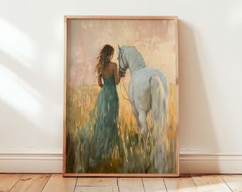 Girl and White Horse Print | Equestrian Wall Art | Western Boho Decor | Rustic Farmhouse Horse Painting | Country Girl Art Print
