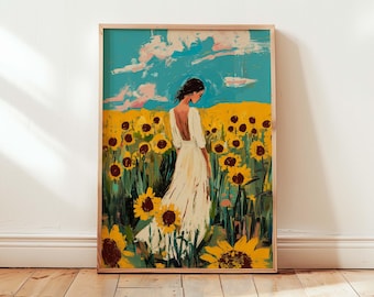 Sunflower Girl Wall Art Bright Cottagecore Poster Whimsical Nature Decor Feminine Aesthetic Print  Colorful Modern Art Dopamine Decor