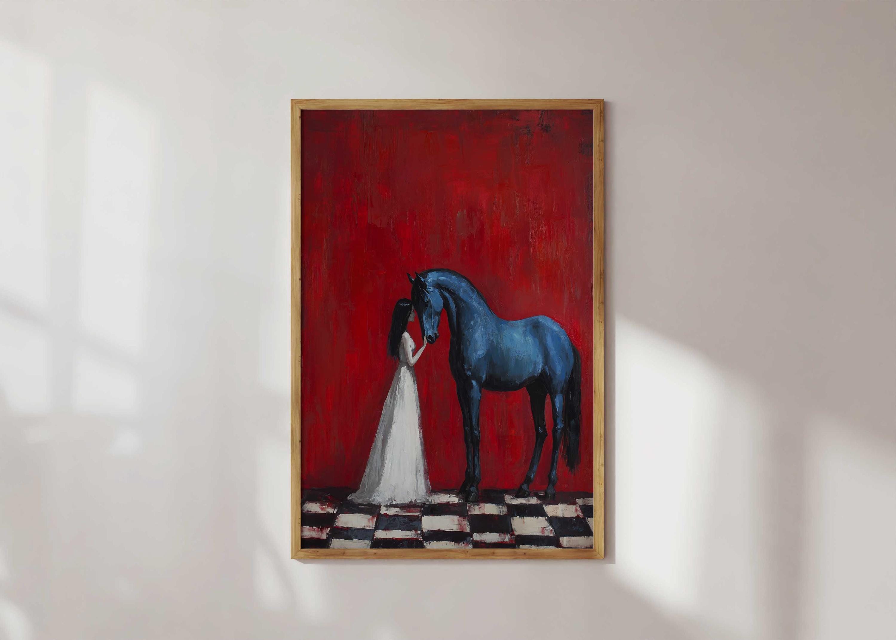 Blue Horse and Girl Art Print | Surreal Modern Wall Art | Bold Red ...