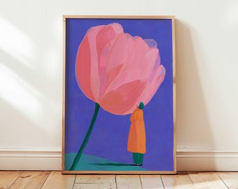 Figurative Woman with Giant Flower Print: Surreal Maximalist Art