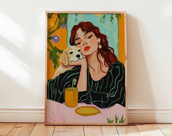 May include: A painting of a woman with long brown hair wearing a black and green striped shirt. She is sitting at a table with a small dog resting on her arm. The woman is holding a yellow cup with a green straw. The background is a yellow and green landscape with flowers.