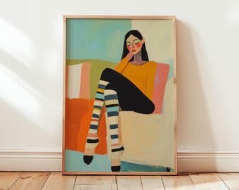 Chic 60s Fashion Woman Art - Bold and Colorful Gouache Painting of Retro Female Silhouette with Geometric Patterns Modern Acrylic Art