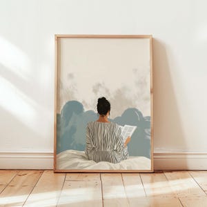 Stampa artistica "Lettura accogliente" - Arte murale minimalista, decorazione rilassante per la camera da letto, poster moderno femminile, illustrazione calma e serena