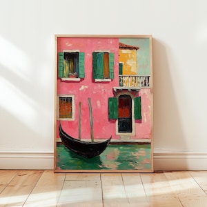 Trendy Venice Wall Art | Colorful Gondola Oil Painting | Pink Italian Building Decor | Vibrant Travel-Inspired Artwork | Mediterranean Print