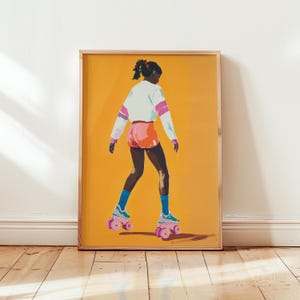 Impresión de patines retro, arte de pared estético de los años 70, ilustración de moda vibrante, póster de arte pop funky, decoración de chica patinadora, obra de arte colorida y moderna