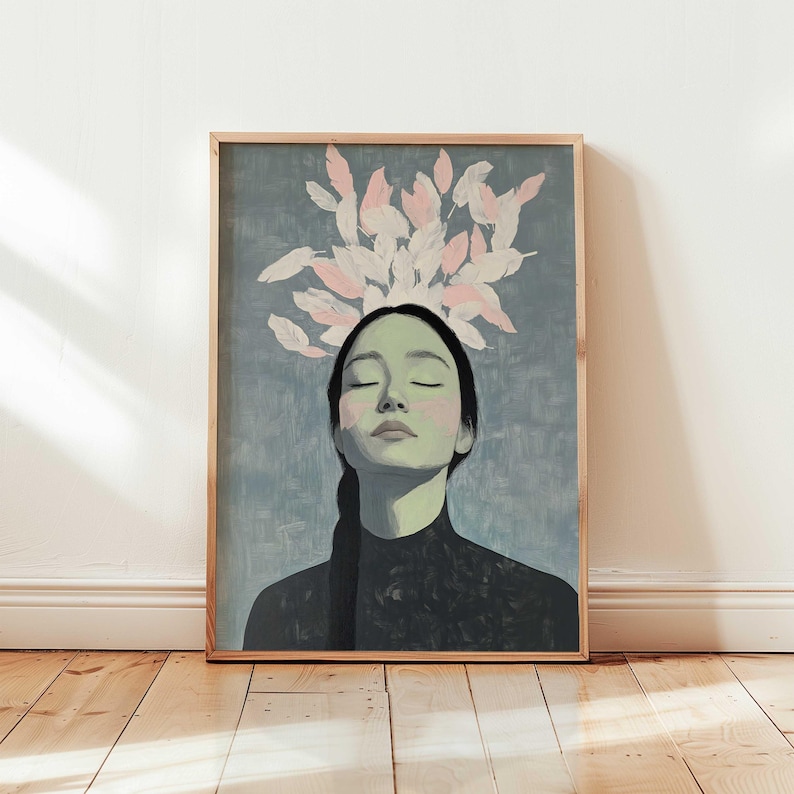 May include: A painting of a woman with her eyes closed, surrounded by pink and white feathers. The woman has long black hair and is wearing a black turtleneck sweater. The background is a light blue color.