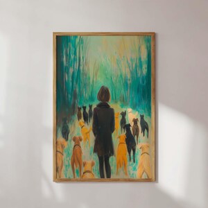 May include: A painting of a person walking through a forest with a pack of dogs. The person is wearing a black jacket and the dogs are a mix of brown, black, and white.