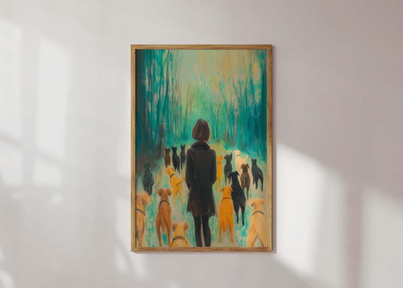 May include: A painting of a person walking through a forest with a pack of dogs. The person is wearing a black jacket and the dogs are a mix of brown, black, and white.