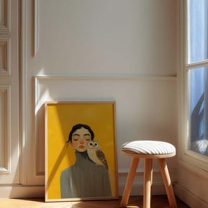 Owl and Woman Wall Art Print | Mustard Yellow Portrait Poster | Whimsical Folk Art Print | Eclectic Room Decor | Bird Lover Gift image 5