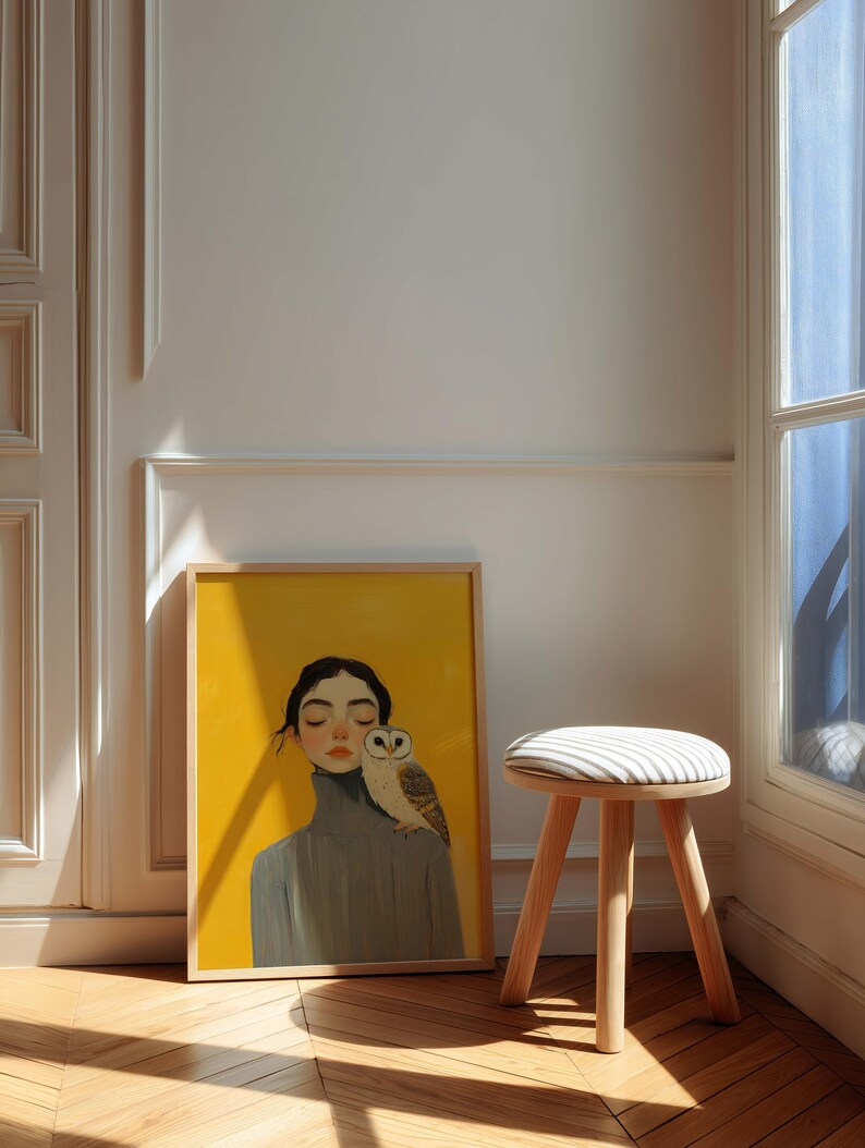 Owl and Woman Wall Art Print | Mustard Yellow Portrait Poster | Whimsical Folk Art Print | Eclectic Room Decor | Bird Lover Gift image 5