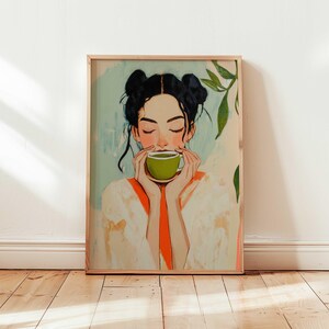 Arte de pared con una chica que bebe matcha, impresión de matcha latte, póster para amantes del matcha, cafetería japonesa, decoración de carrito de bar, arte de pared de cocina, arte de bebida retro imagen 2