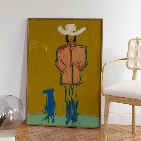 Cowgirl und blauer Hund Druck | Moderne Western Wand Kunst | Wunderliche Cowboy Wand Kunst | Bunte figurative Kunst | Pinker Mantel Ranch Dekor