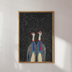 Arte astratta di uccelli, moderna arte astratta di uccelli, stampe da parete di gru, stampe da parete di animali stravaganti, arte minimalista della natura, poster di gru colorate