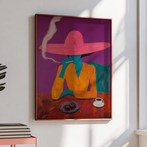 May include: A painting of a woman wearing a pink hat and a yellow shirt, sitting at a table with a cup of coffee and a plate of chocolate squares. The background is a purple wall.