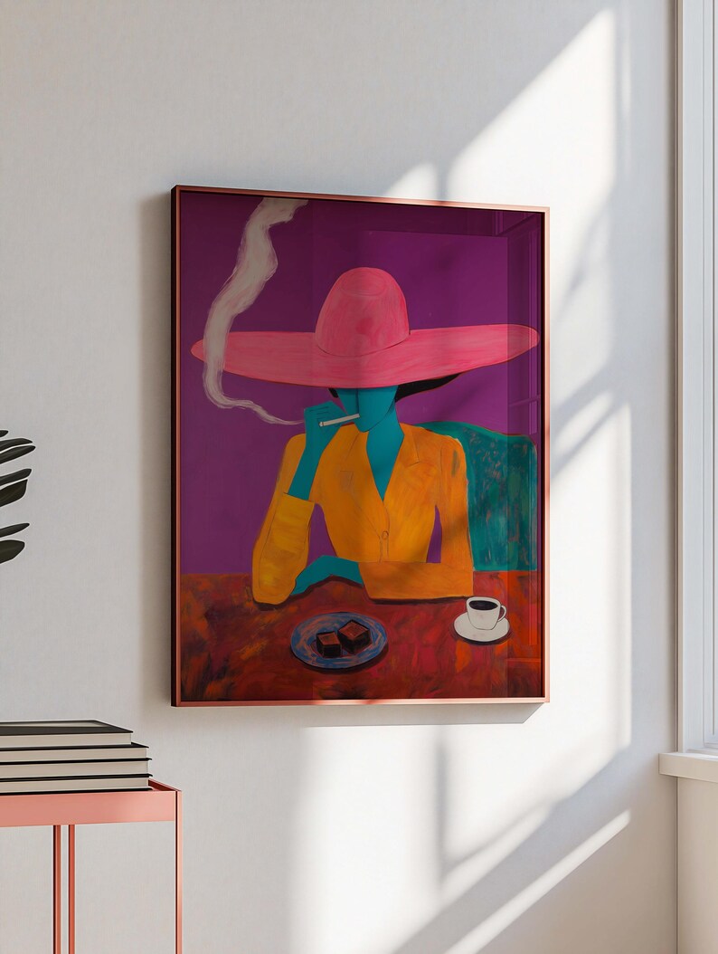 May include: A painting of a woman wearing a pink hat and a yellow shirt, sitting at a table with a cup of coffee and a plate of chocolate squares. The background is a purple wall.