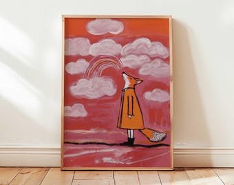 Rainbow Fox Art Print: Whimsical Kids Room Decor
