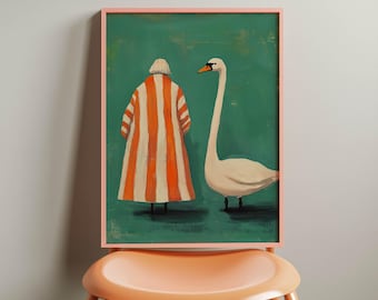 Whimsical Swan Wall Art Print | Green Orange Bird Poster | Quirky Animal Decor | Playful Folk Art for Eclectic Home