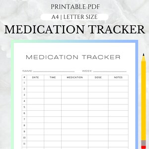Medication Tracker Printable, Medication Intake Reminder, Medication Schedule, Medication List Template,  Medication log A4/Letter size