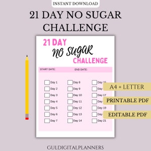 No Sugar Challenge, 21 Day No Sugar Printable, Sugar Detox, No Sugar Diet, Stop Sugar Cravings, Health Challenge, Healthy Habit Tracker, A5