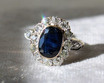 Antique Blue sapphire and diamond ring | 2.27 Carat Oval Sapphire | 0.85 tcw old Mine Cut Diamond Halo | engagement ring | anniversary gift