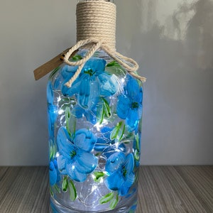 Detailed Blue Floral Light Up Glass Bottle - Custom Hand Painted Gift for Her