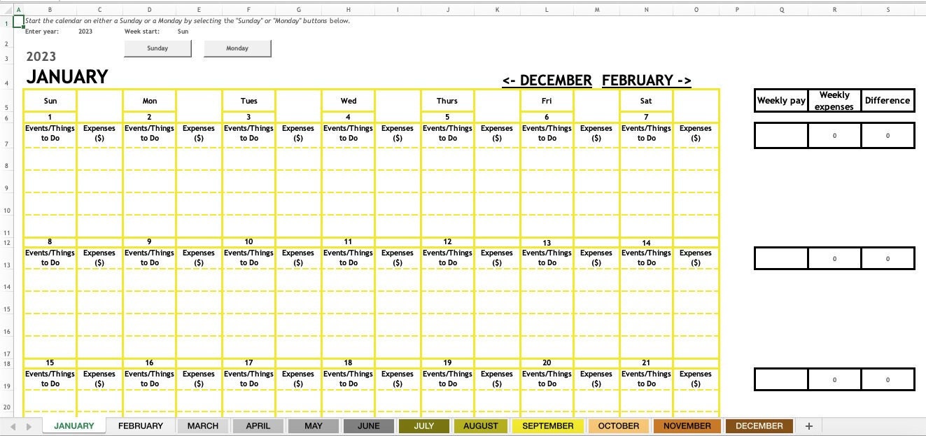 12 Month Excel Calendar Template Calendar Planner Etsy