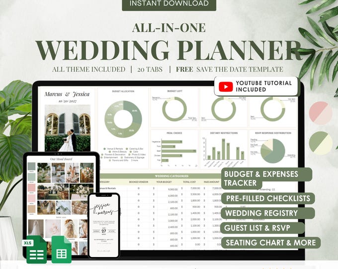 Featured listing image: Ultimate Wedding Planner Spreadsheet: Budget, Guest List, Checklist (Google Sheets & Excel)