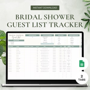 Peut inclure: Un écran d'ordinateur portable affichant une feuille de calcul intitulée "Bridal Shower Guest List Tracker". La feuille de calcul comporte des colonnes pour les informations sur les invités, le statut RSVP, le choix du repas et les restrictions alimentaires. La feuille de calcul comporte deux onglets, l'un pour la liste des invités et l'autre pour un résumé des RSVP, des choix de repas et des restrictions alimentaires.
