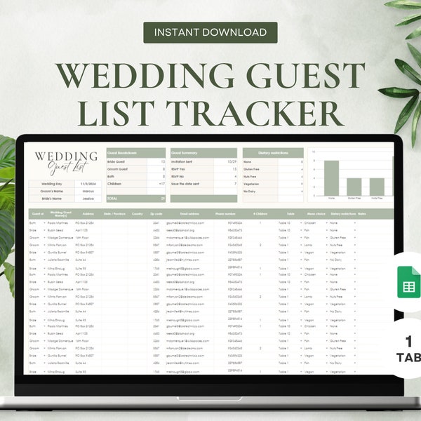 Wedding Guest List Spreadsheet Template | Wedding Guest List Google Sheets | Digital Guest List for Wedding Event 2024