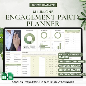 May include: A digital engagement party planner displayed on a laptop screen. The planner includes budget trackers, checklists, and guest list tools. Text on the screen reads "ALL-IN-ONE ENGAGEMENT PARTY PLANNER" and "GOOGLE SHEETS & EXCEL | 10 TABS | INSTANT DOWNLOAD."