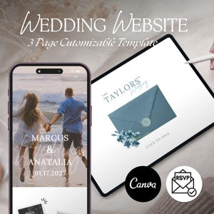 Plantilla minimalista para sitio web de bodas con confirmación de asistencia / Sitio web de bodas editable en Canva / Página web para invitaciones digitales