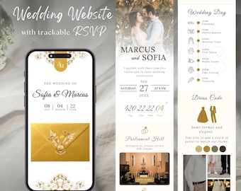 Gold & White Wedding Website Template with RSVP Form, Editable Canva Design, Countdown Timer