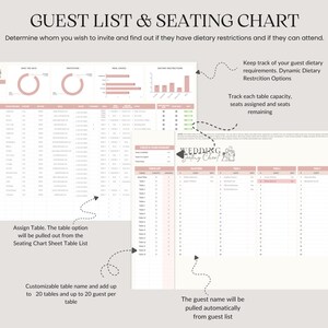Pu&ograve; includere: Un modello digitale di lista degli invitati e di tableau de mariage. Il documento presenta una combinazione di colori rosa chiaro e bianco con grafici e tabelle. Il testo include "GUEST LIST & SEATING CHART" e le istruzioni.