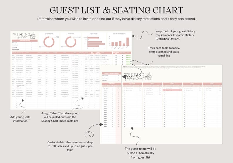 Pu&ograve; includere: Un modello digitale di lista degli invitati e di tableau de mariage. Il documento presenta una combinazione di colori rosa chiaro e bianco con grafici e tabelle. Il testo include "GUEST LIST & SEATING CHART" e le istruzioni.