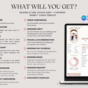 Pu&ograve; includere: Un wedding planner digitale visualizzato sullo schermo di un laptop. Il planner include sezioni per il monitoraggio del budget, liste degli invitati, planimetrie e ricerca di fornitori. Il design &egrave; nei toni del rosa e del bianco.