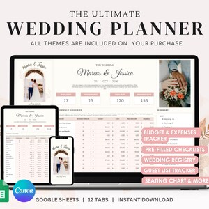 Ultimate Wedding Planner Spreadsheet | Budget Tracker, Guest List, Checklist, Seating Chart & More | Elegant Themed Google Sheets