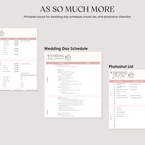 Pu&ograve; includere: Layout stampabile per la pianificazione del matrimonio con una lista musicale, un programma della giornata del matrimonio e una lista di controllo per il servizio fotografico. I documenti hanno uno schema di colori rosa tenue e bianco con il testo "AS SO MUCH MORE".