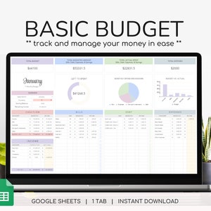 May include: A laptop screen displaying a Google Sheets spreadsheet titled "Basic Budget" with a pink, blue, and green color scheme. The spreadsheet is designed to help users track and manage their money. The spreadsheet includes sections for income, expenses, cash flow, bills, debt, and a monthly spending breakdown. The spreadsheet is titled "January" and includes a total budget of $64,100.