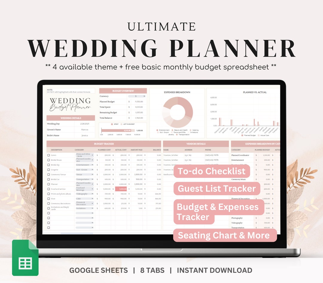 Wedding Planner Spreadsheet Digital Wedding Budget Planner Wedding