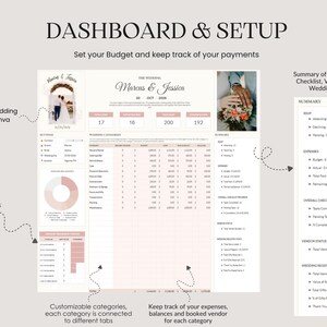 Pu&ograve; includere: Un modello di dashboard per matrimoni con il titolo "DASHBOARD & SETUP". Include sezioni per budget, RSVP, spese, lista di controllo, stato del fornitore e registro di matrimonio. Il modello &egrave; personalizzabile e progettato per aiutare gli utenti a tenere traccia dei progressi nella pianificazione del matrimonio.