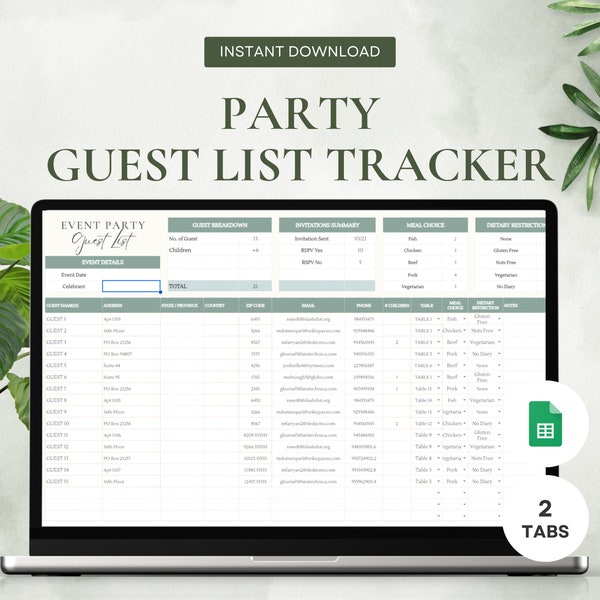 Party Guest List Spreadsheet,  Any Event Guest List Spreadsheet, Digital Guest List, Guest List Seating Chart, Birthday Guest List Template